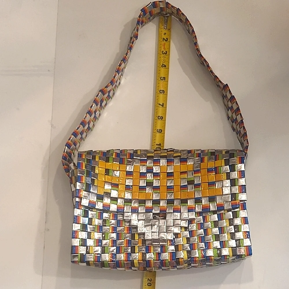Colorful Woven Shoulder Bag Flap Closure Bright Shiny Handbag Artistic Patchwork